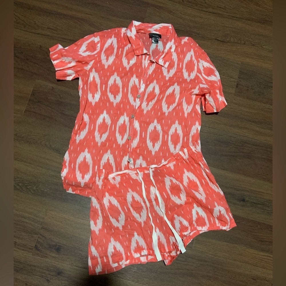 Natori Coral and White pj set L cozy casual fall classic boho designer $200